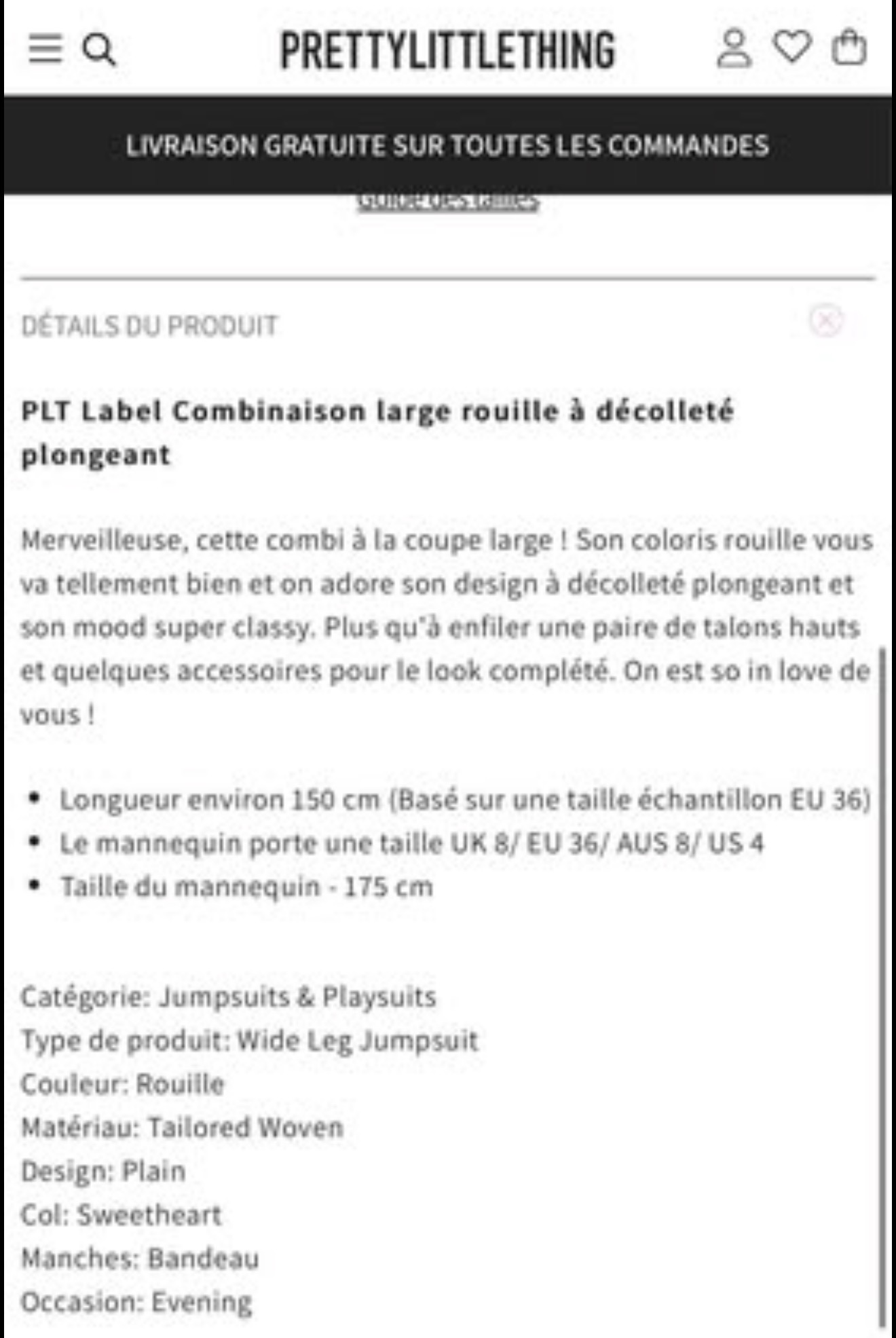Vends combinaison PLT neuf T48 patte d’eph