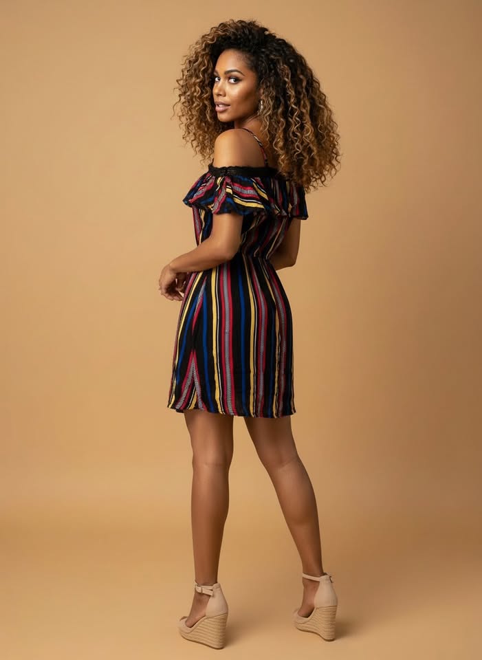 Robe colorée – épaules dénudées – rayures multicolores