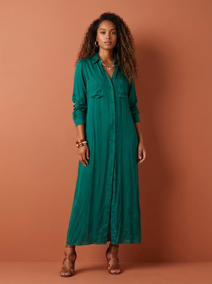 Robe longue chemisier – effet satin/soie – vert émeraude