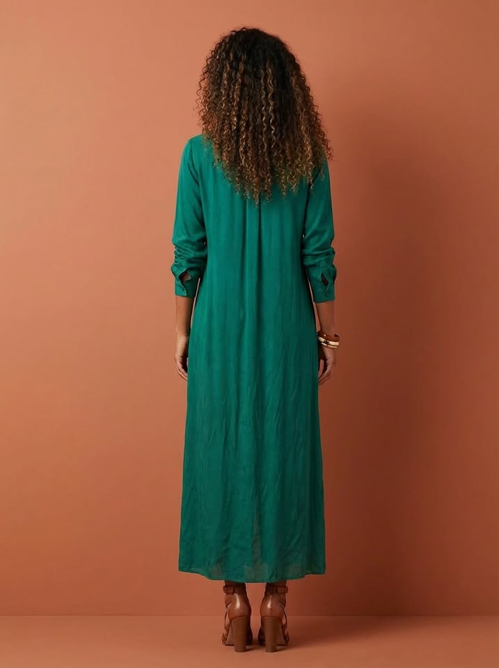 Robe longue chemisier – effet satin/soie – vert émeraude