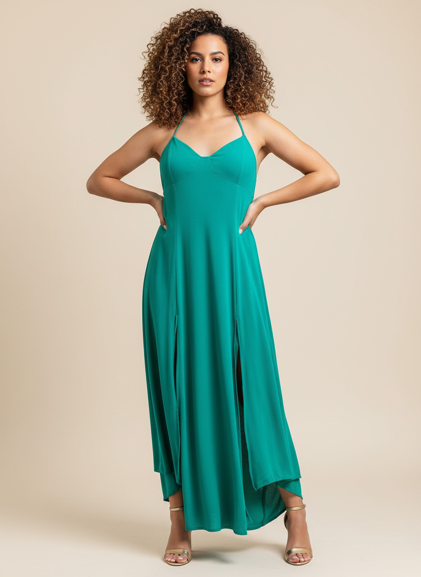 Robe longue maxi dos nu lanières – turquoise / vert canard