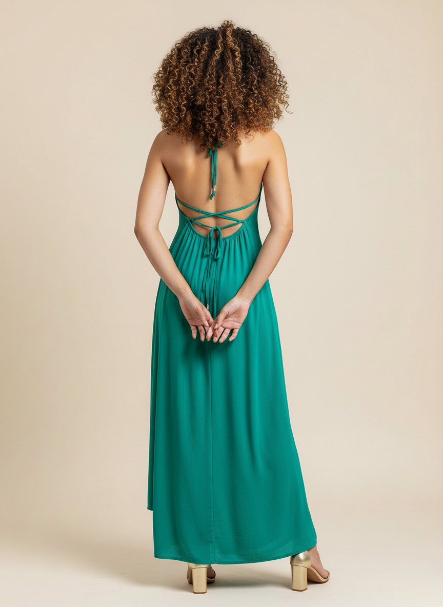 Robe longue maxi dos nu lanières – turquoise / vert canard