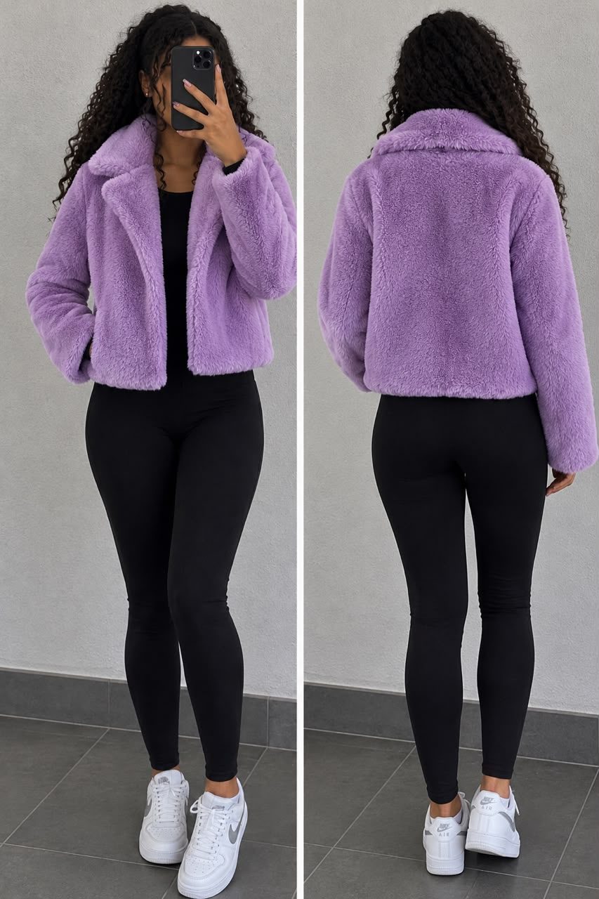 VESTE COURTE FOURRURE SYNTHÉTIQUE -S/Lilas
