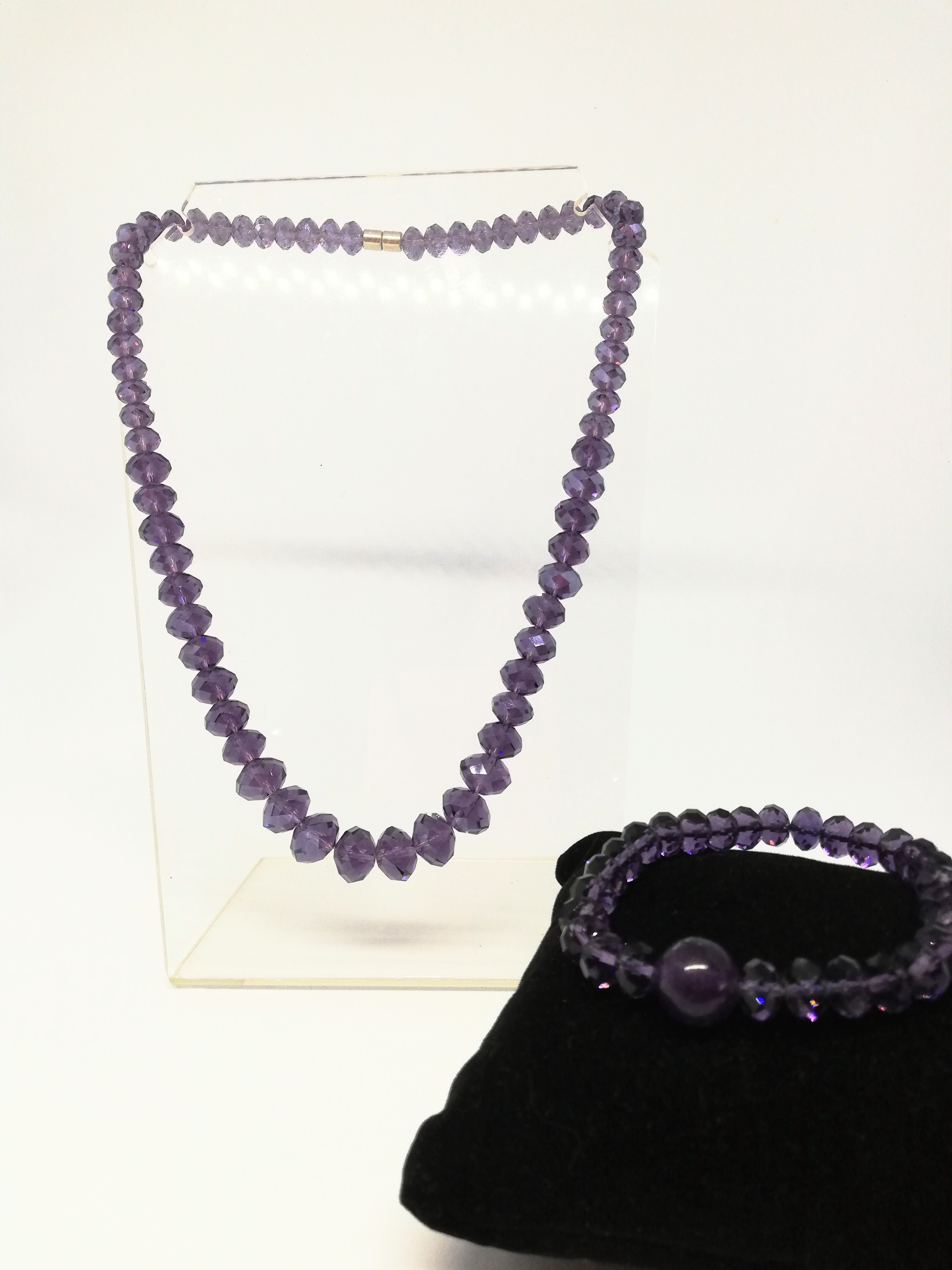 Parure de perles cristal mauve , collier + bracelet NEUF